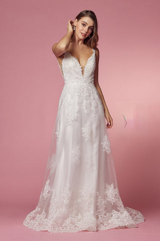 A-Line Classic V-Neck Side Cutouts Laced Straps Long Wedding Dress NXC461