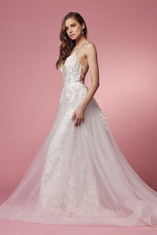 Embroidered Lace Illusion V-Neck Mermaid Long Wedding Dress NXF485W