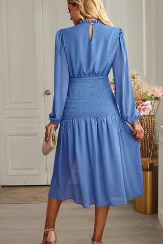 Slit Smocked Mock Neck Puff Sleeve Midi Dress