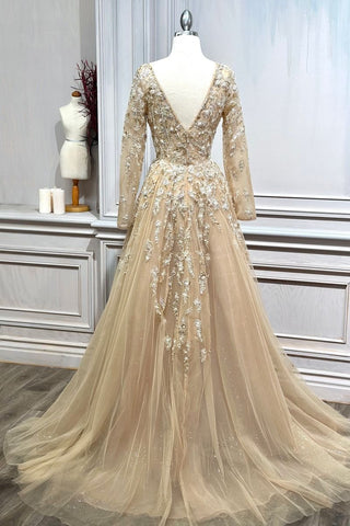 Champagne Long Sleeve Beaded A-Line Long Mother Of The Bride Dress CDA1215