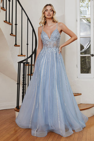 A-Line Beaded Luxury V-neck Lace Detail Sheer Bodice Shimmering Sequined Gala Formal Evening Dress CDCD994