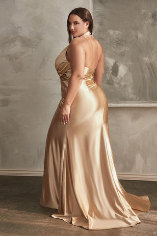 Halter Satin Side Slit Open Back Plus Size Long Evening Dress CDCH079C