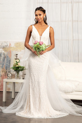 3D Flower Applique Mermaid Mesh w/ Detached Mesh Layer Wedding Dress GLGL3014