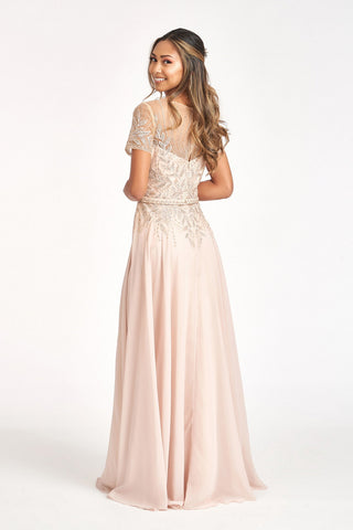 Embroidered Chiffon A-line Short Sleeves and Waistband Long Mother Of The Bride Dress GLGL3067