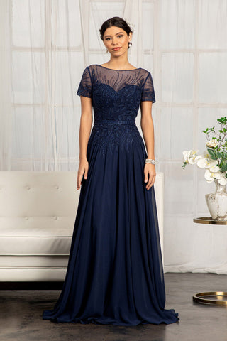 Embroidered Chiffon A-line Short Sleeves and Waistband Long Mother Of The Bride Dress GLGL3067