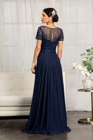 Embroidered Chiffon A-line Short Sleeves and Waistband Long Mother Of The Bride Dress GLGL3067