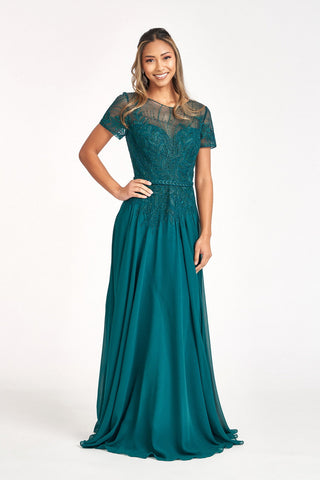 Embroidered Chiffon A-line Short Sleeves and Waistband Long Mother Of The Bride Dress GLGL3067