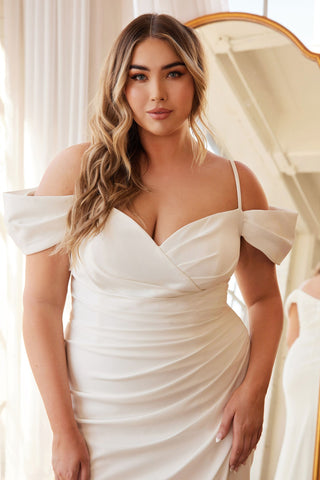 Off Shoulder Crepe Style Plus Size Gathered Elegant Bodice High Leg Slit Long Wedding Dress CDKV1057WC