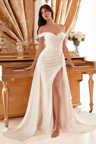 Draped Off The Shoulder With Overskirt Straps Side Slit Long Wedding Dress CDWN315